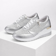 Metallic hidden wedge lace-up sneakers with side zipper in silver, gold and pink