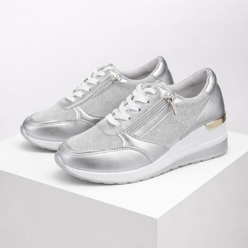 Metallic hidden wedge lace-up sneakers with side zipper in silver, gold and pink