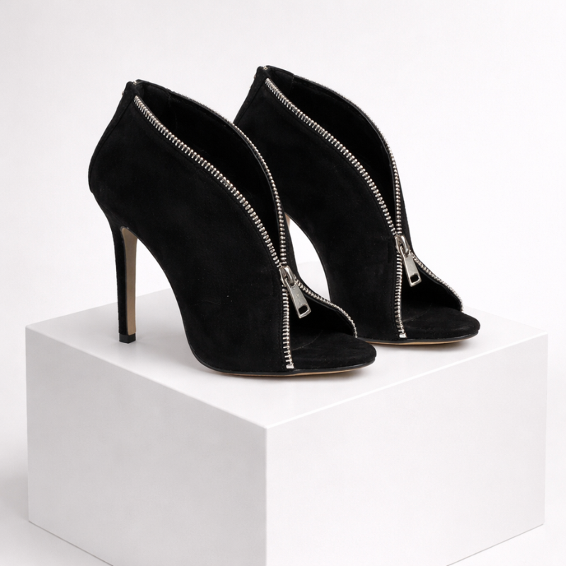 Suede zip-up heels with a stable block heel in black, beige and leopard