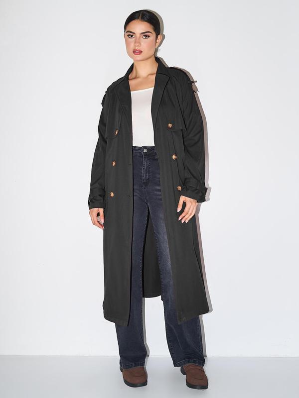 Solana double breasted trench coat shown in mustard yellow, black, khaki, burgundy and beige