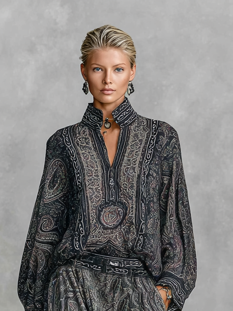 Yasmin vintage paisley print set with stand-up collar in dark gray