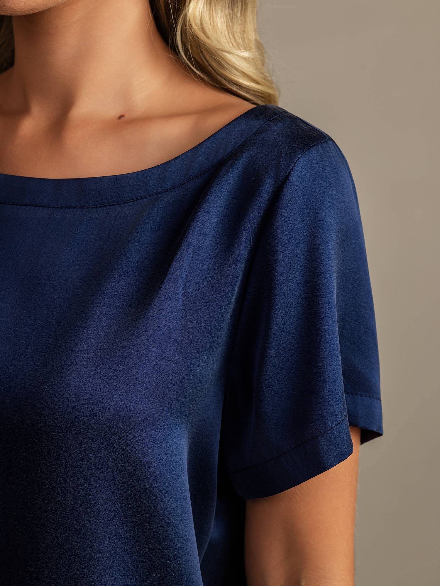 Mae soft mulberry silk pyjama set shown in an elegant matching top and bottom
