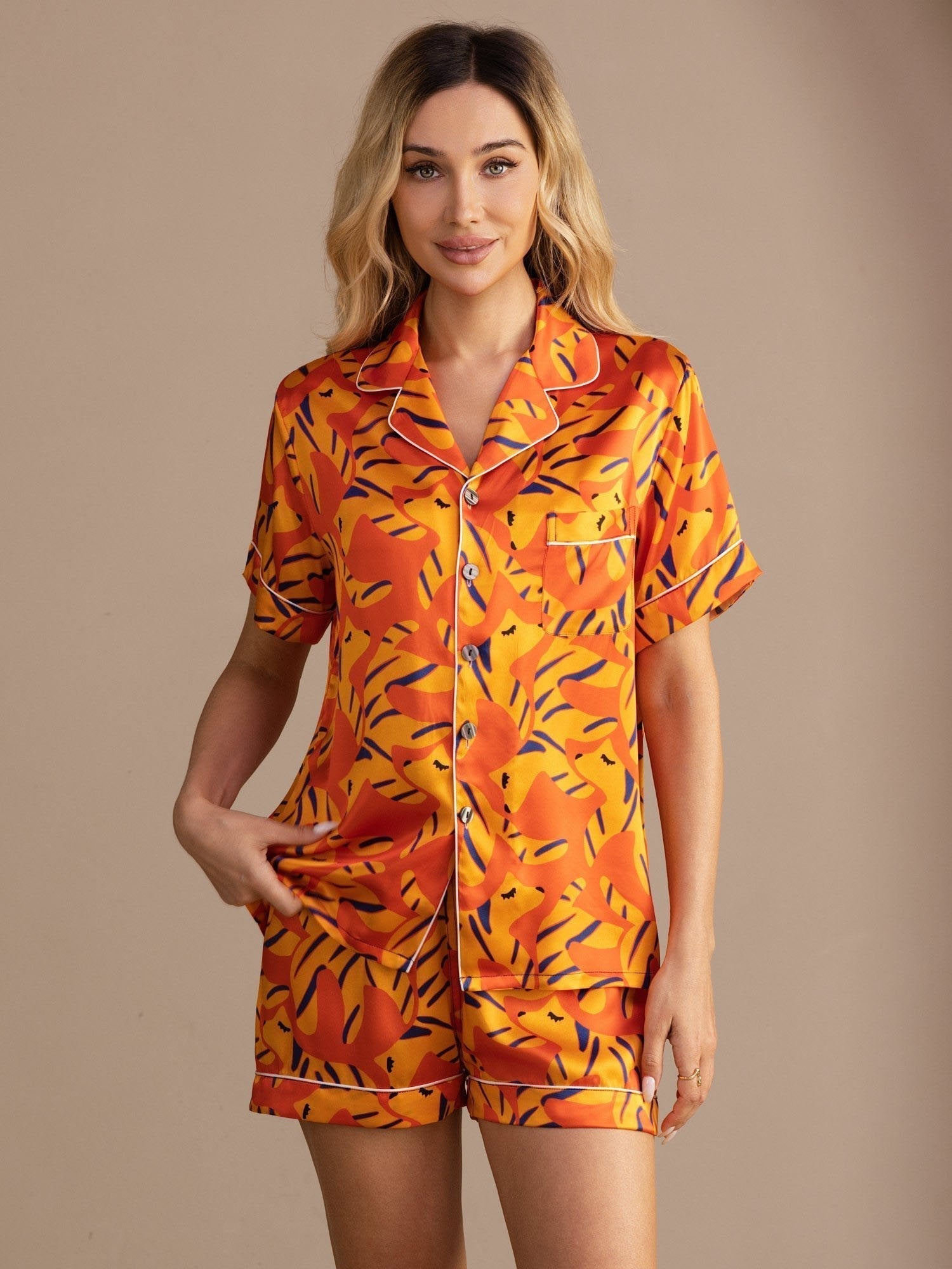 Abigail orange reed print pyjama set in pure mulberry silk