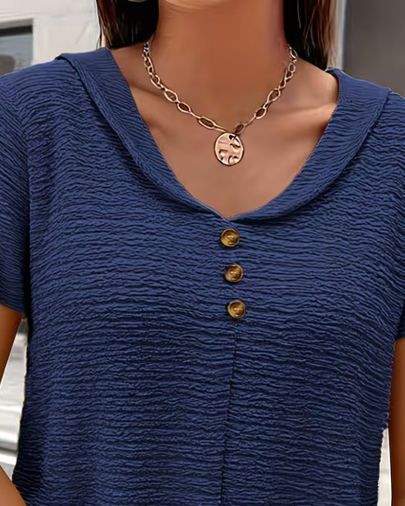 Barbara collar tee with buttons shown in several colours