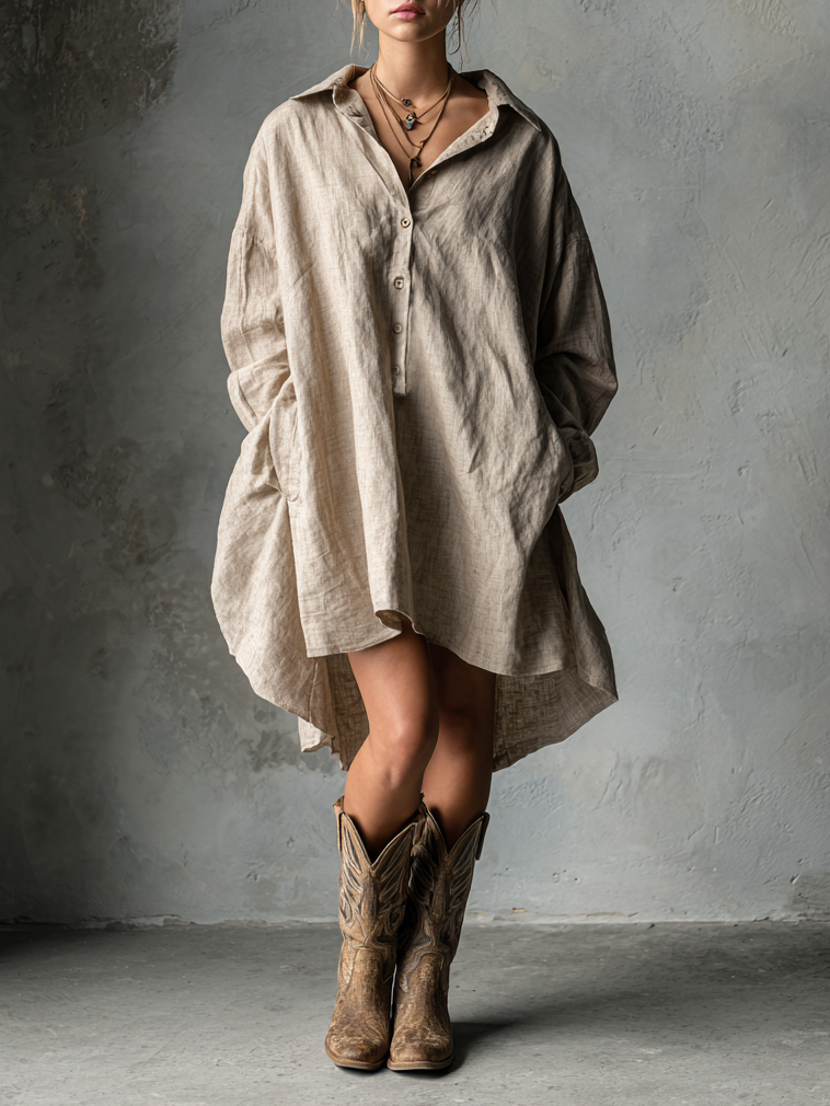Yvette relaxed cotton linen dress in khaki with an easy summer silhouette