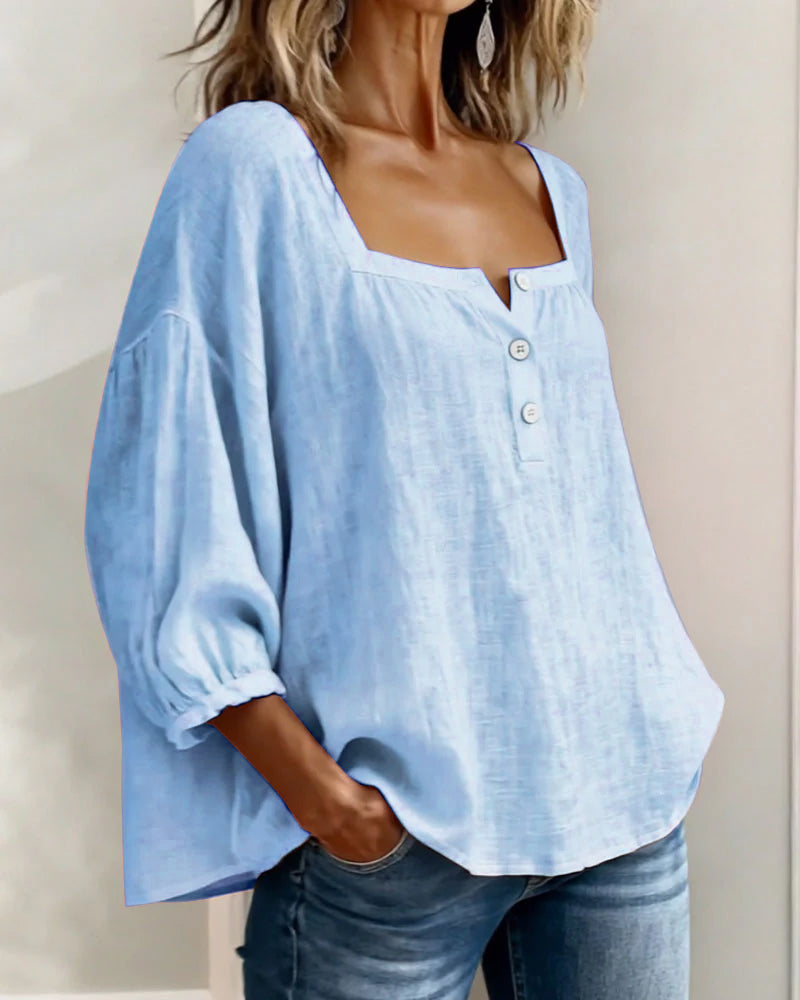 Diane square neck lantern sleeve shirt shown in soft everyday colours