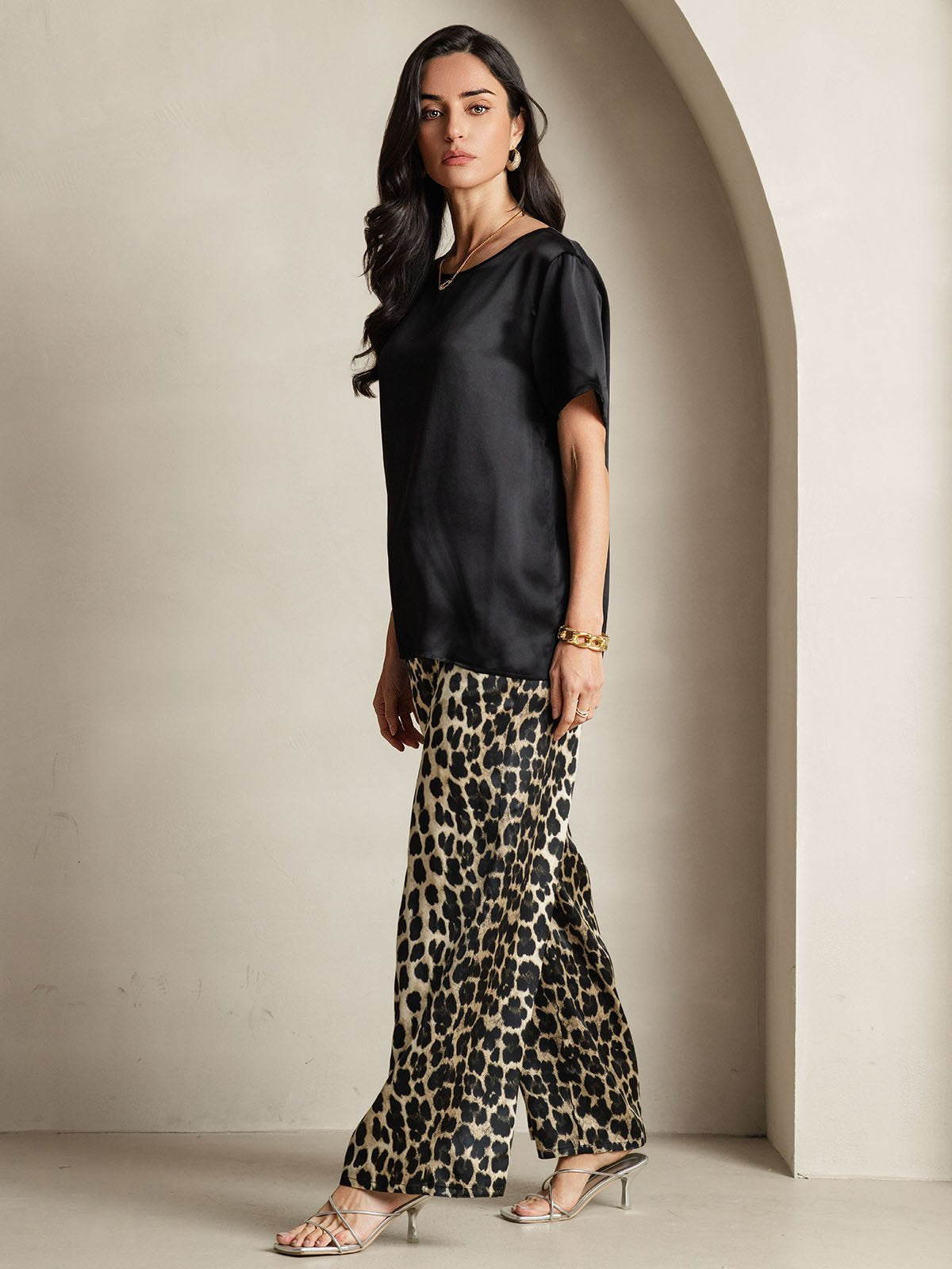 Lydia pure mulberry silk pyjama set in multi, a coordinated top and bottom sleepwear set