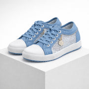 Denim low-top lace-up sneakers with lace mesh side panels and rubber toe cap