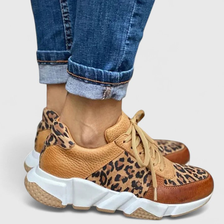 Leopard print lace-up sneakers with cushioned soles for women