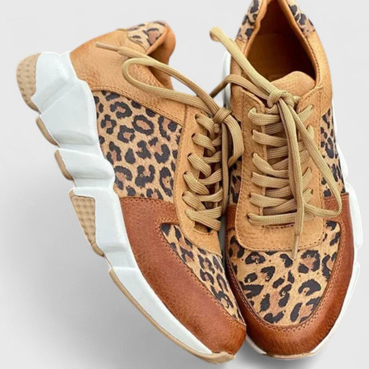 Leopard print lace-up sneakers with cushioned soles for women
