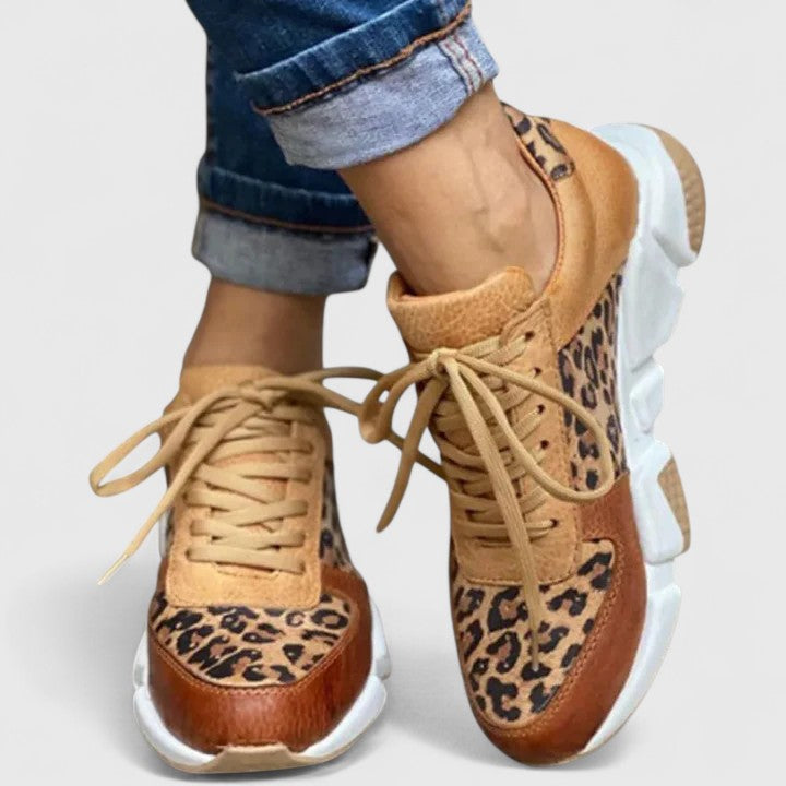 Leopard print lace-up sneakers with cushioned soles for women