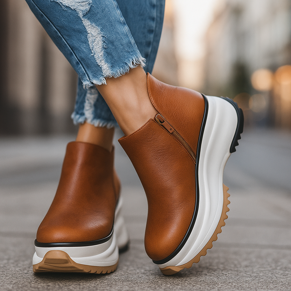 Harper designer platform sneakers shown in brown, black and khaki