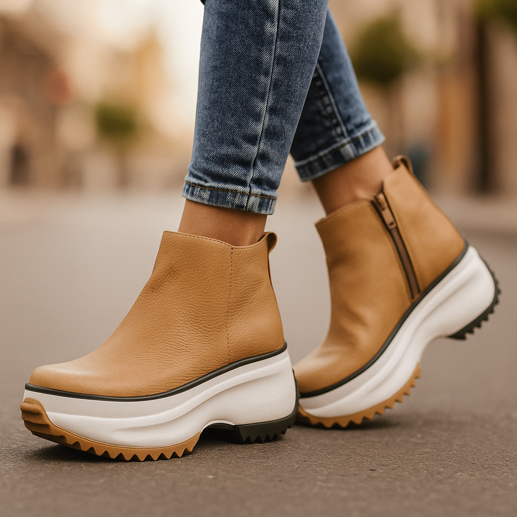 Harper designer platform sneakers shown in brown, black and khaki