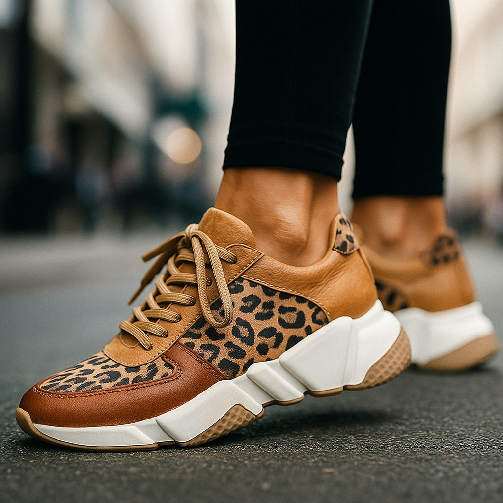 Florence leopard-print lace-up runners in dark brown and classic black