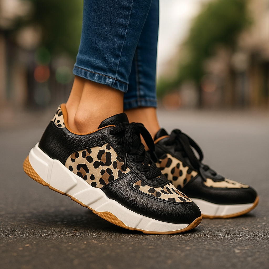 Florence leopard-print lace-up runners in dark brown and classic black