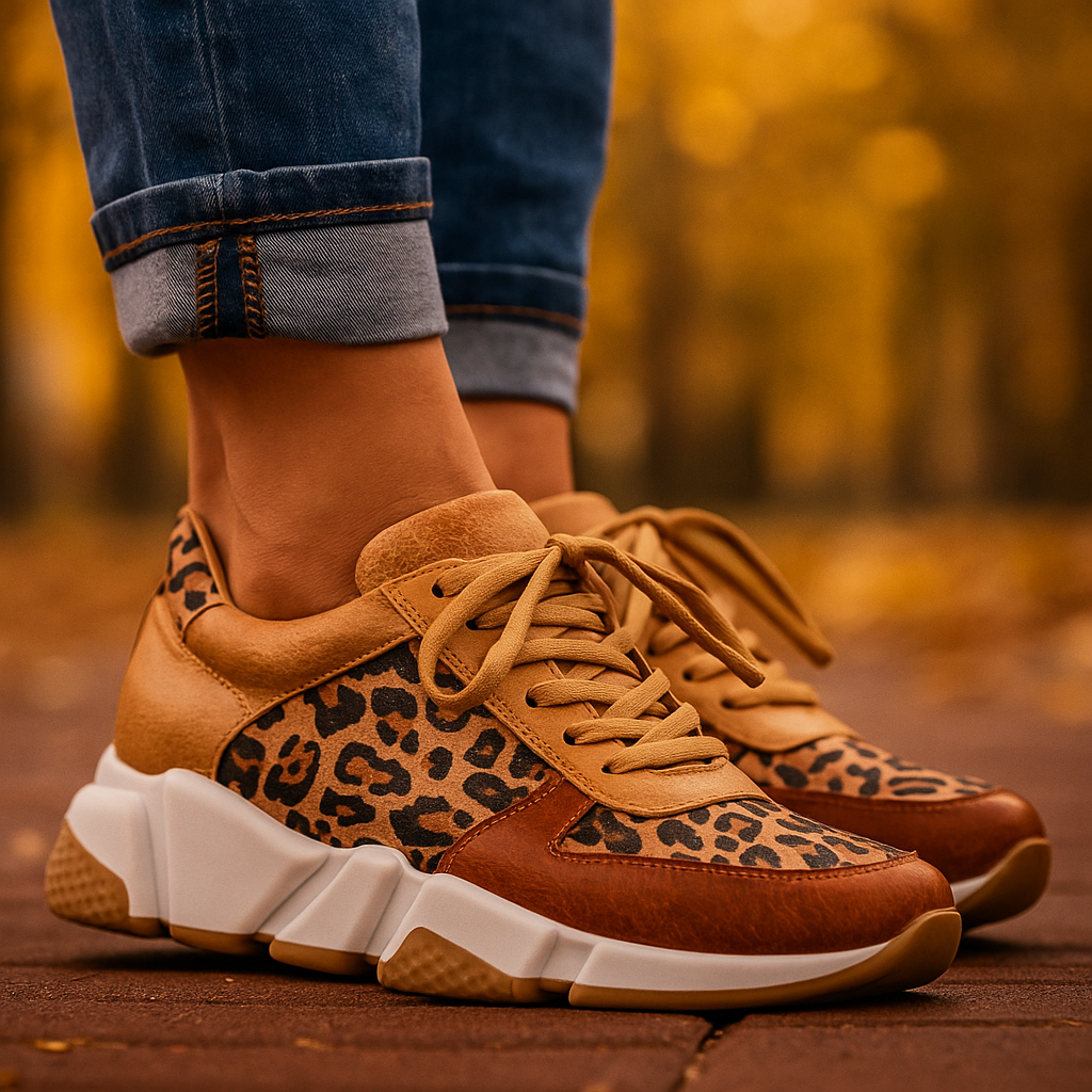Florence leopard-print lace-up runners in dark brown and classic black