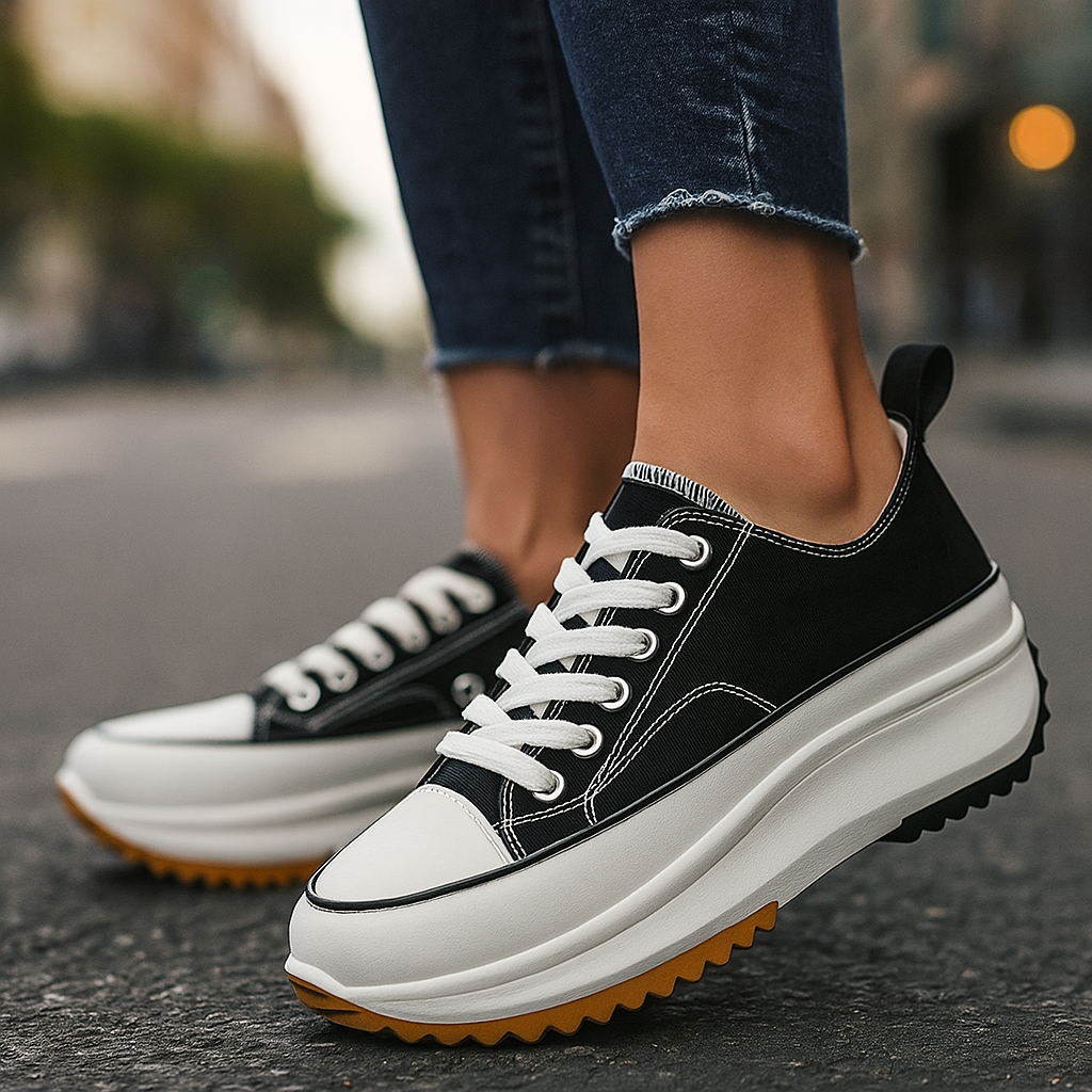 Imogen Rise platform sneakers shown in tiger print, classic black, white snow and light tan