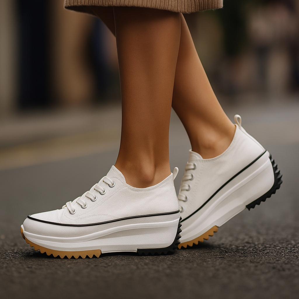 Imogen Rise platform sneakers shown in tiger print, classic black, white snow and light tan