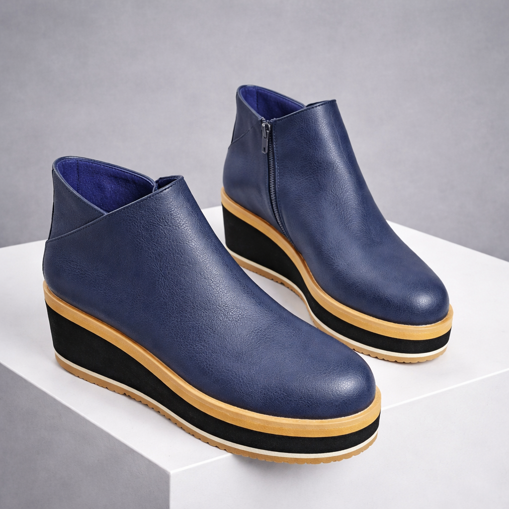 Tilly lace-up platform boots shown in dark brown, deep blue, light khaki and classic black