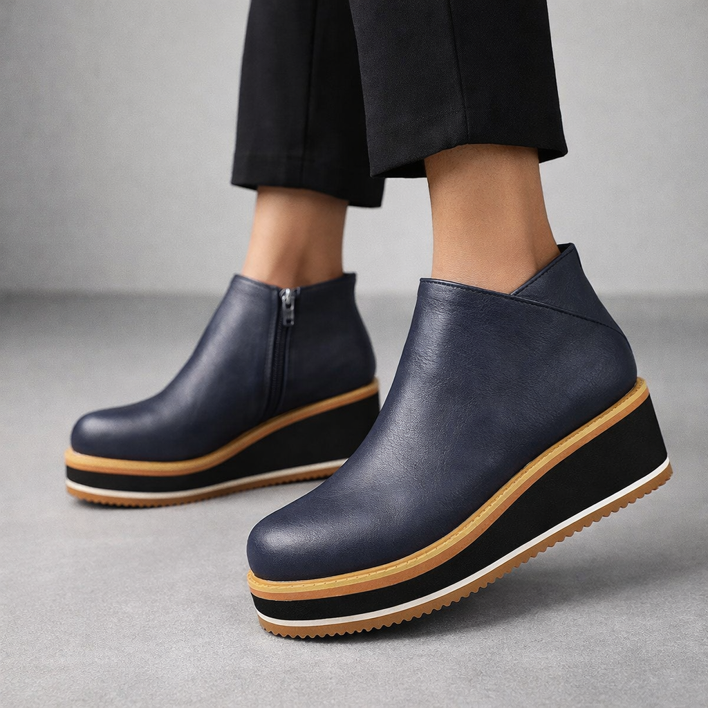 Tilly lace-up platform boots shown in dark brown, deep blue, light khaki and classic black