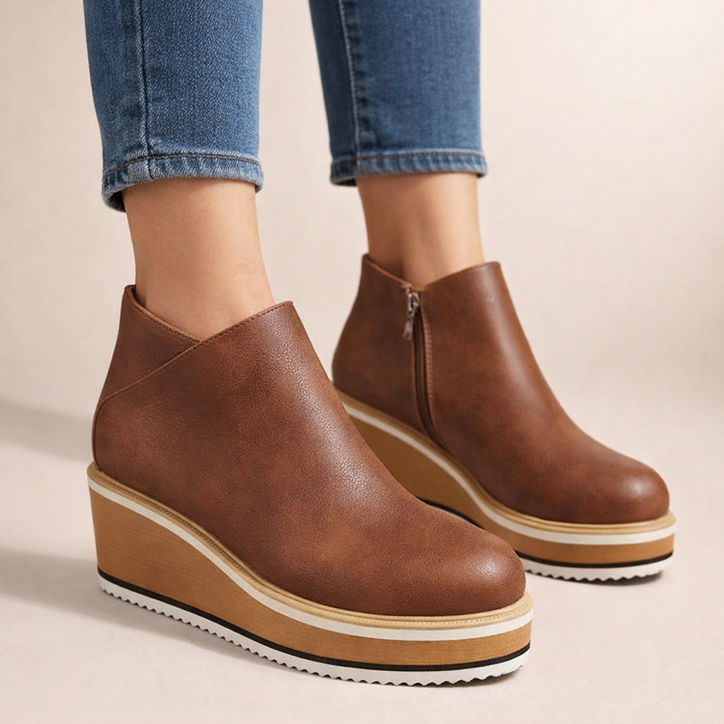 Tilly lace-up platform boots shown in dark brown, deep blue, light khaki and classic black