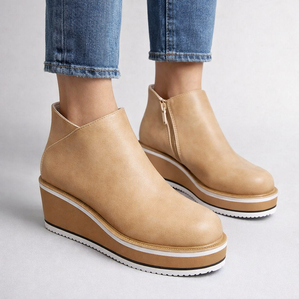 Tilly lace-up platform boots shown in dark brown, deep blue, light khaki and classic black