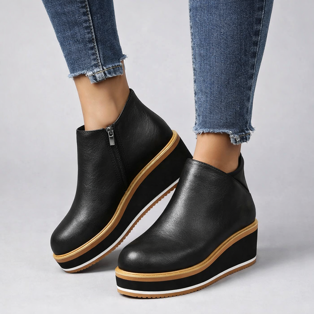 Tilly lace-up platform boots shown in dark brown, deep blue, light khaki and classic black