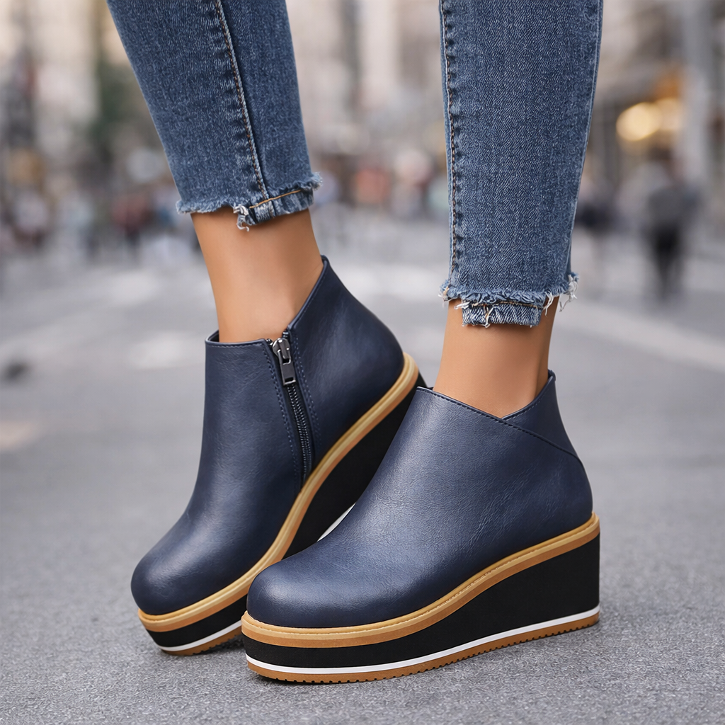 Tilly lace-up platform boots shown in dark brown, deep blue, light khaki and classic black