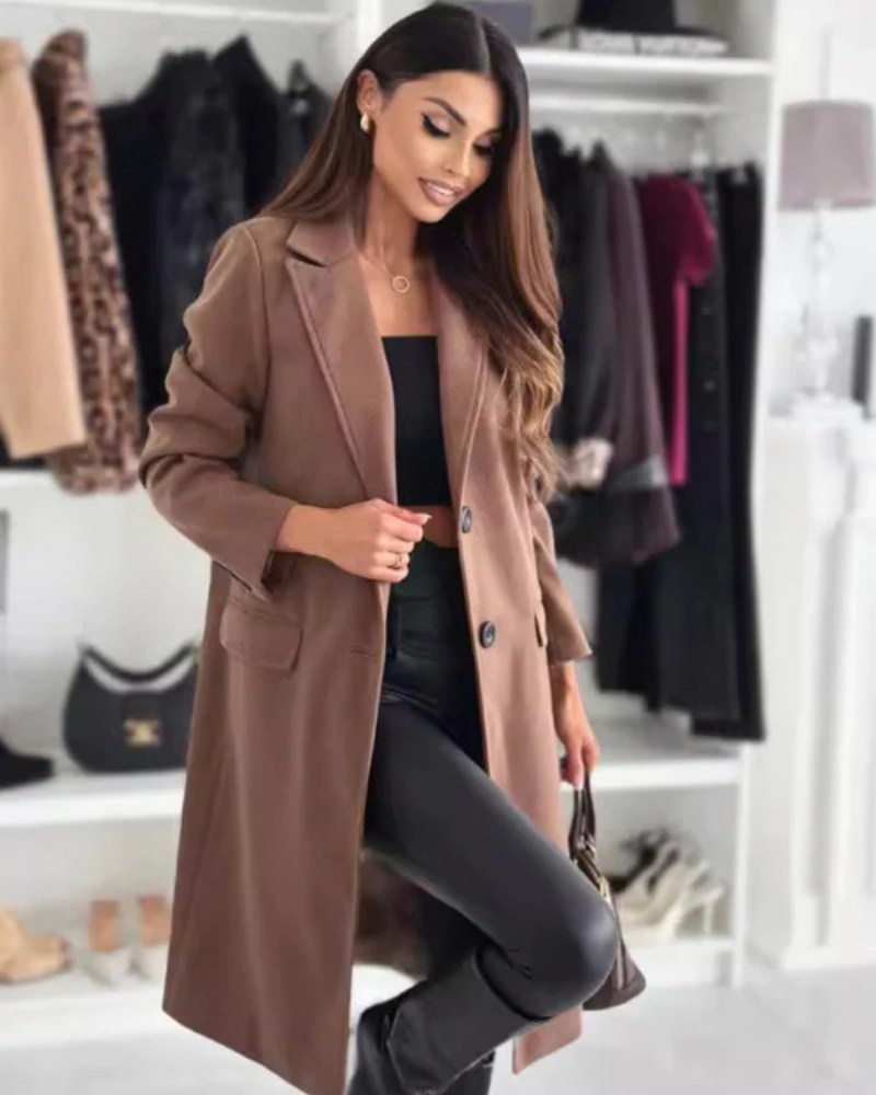 Alice sophisticated long tailored coat shown in grey, khaki, coffee and black
