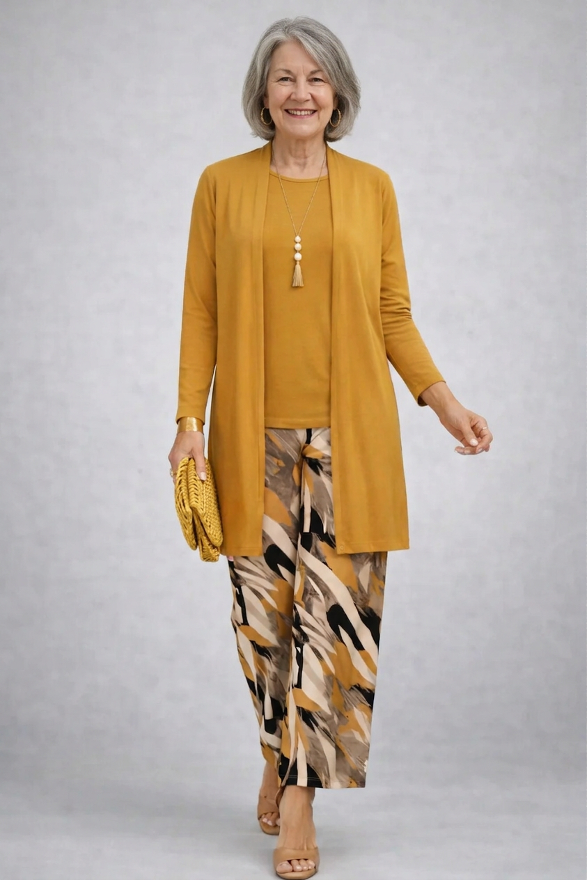 Faelina yellow coordinated three-piece set styled together for an effortless everyday look