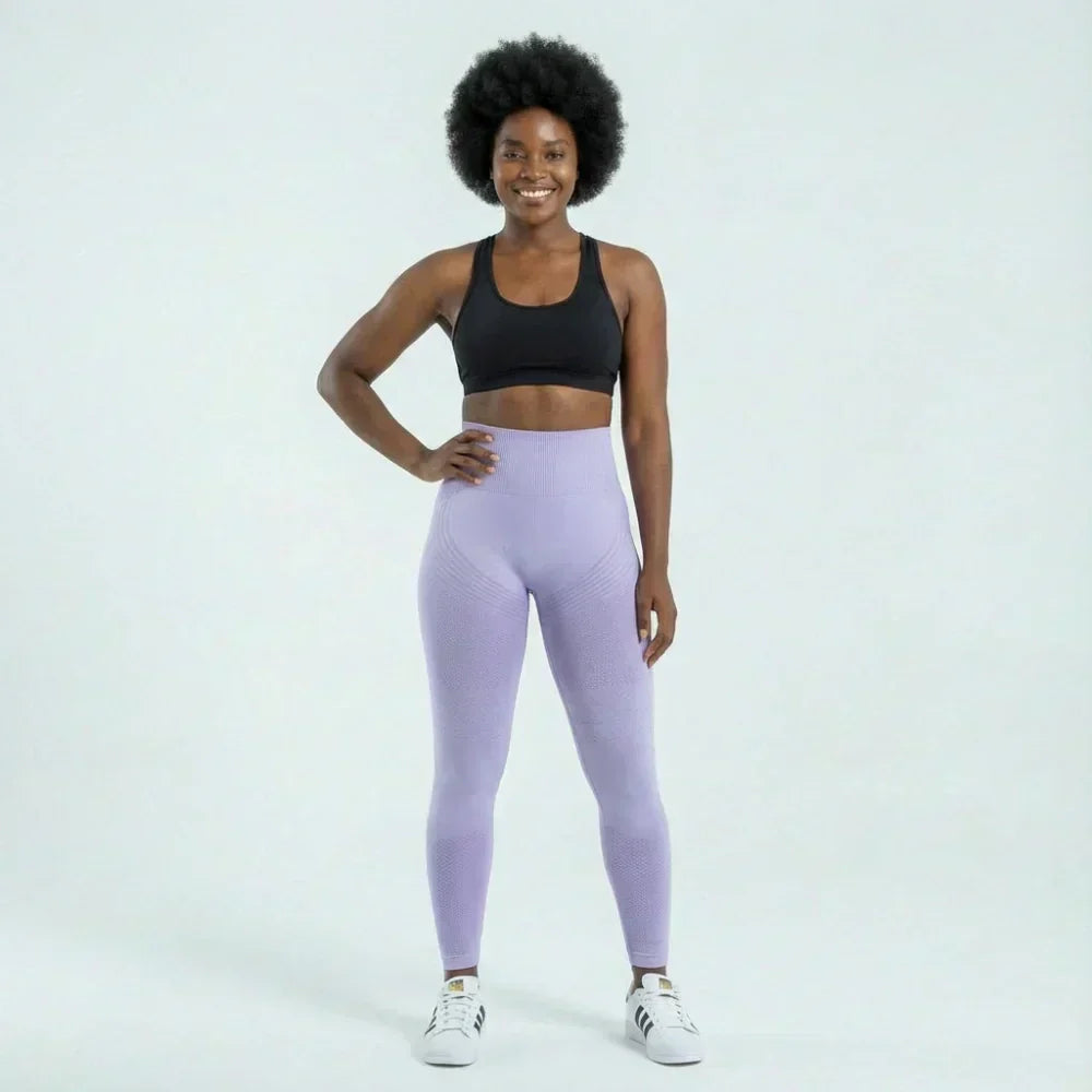 Clara full-length sculpting legging shown in light purple and pink