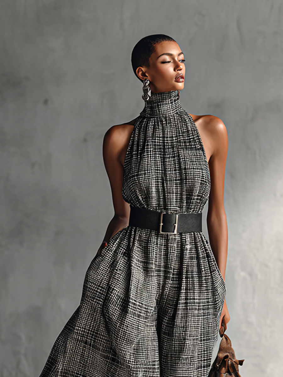 Gray plaid high collar sleeveless top for women, styled for warm-weather days