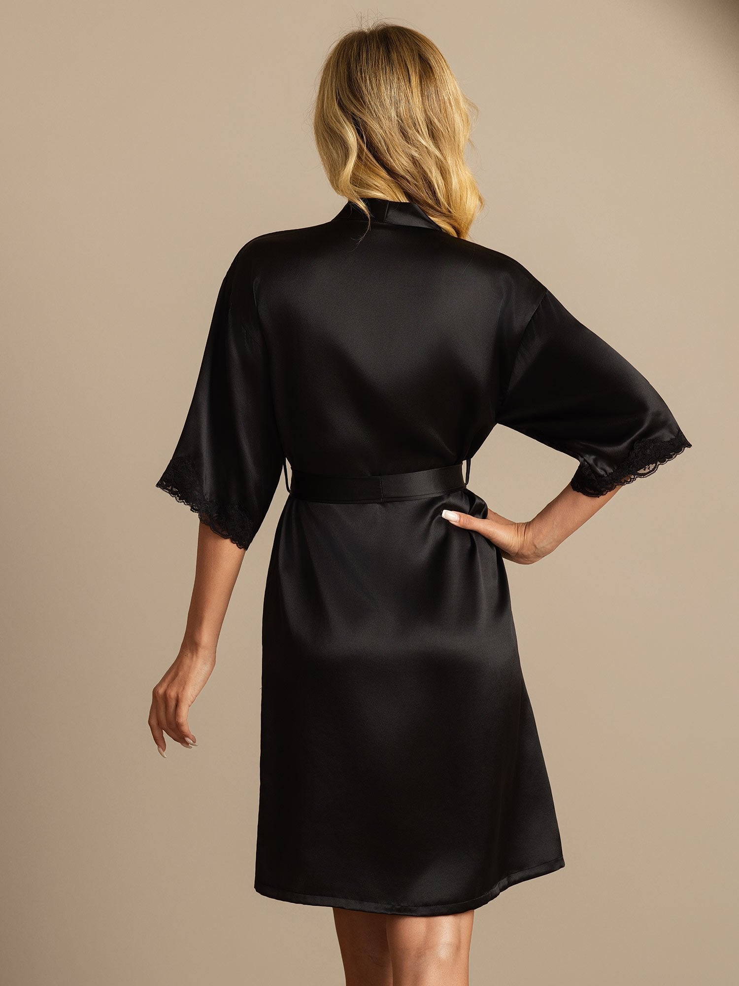 Lola pure mulberry silk dressing gown shown in wine red, black, dark blue and mauve grey