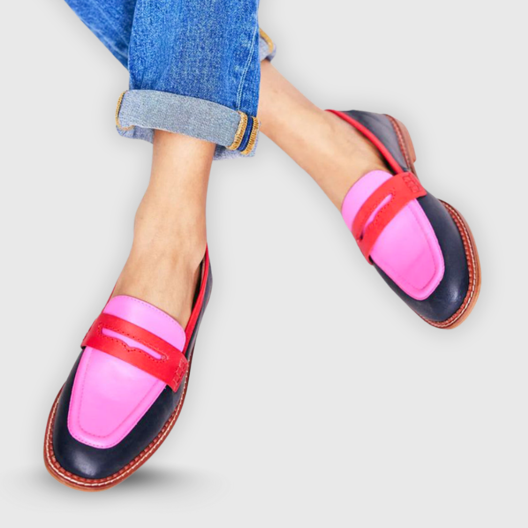 Franki contrast moccasins in pink and black, slip-on flat shoes for women