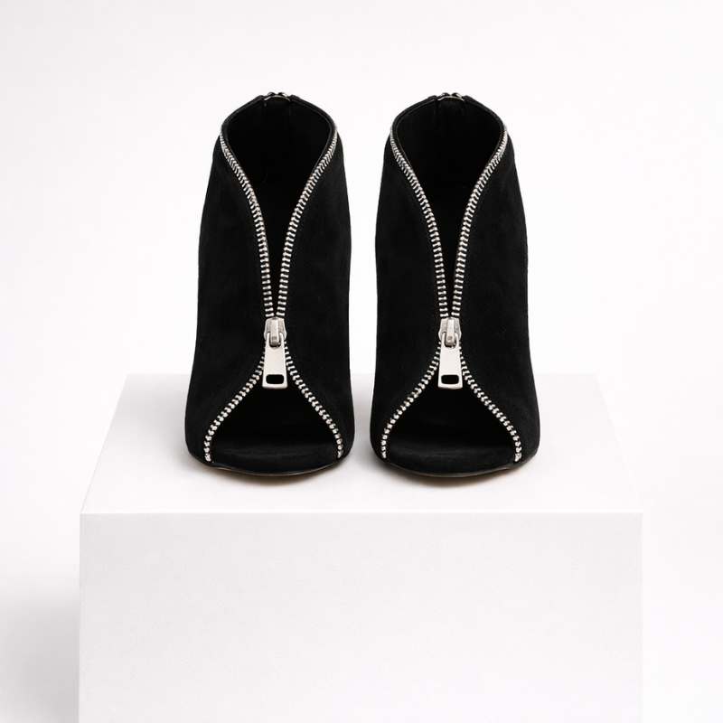 Suede zip-up heels with a stable block heel in black, beige and leopard