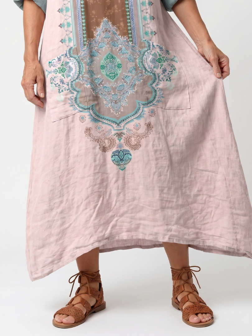 Pink embroidered panel relaxed midi dress with oversized pockets