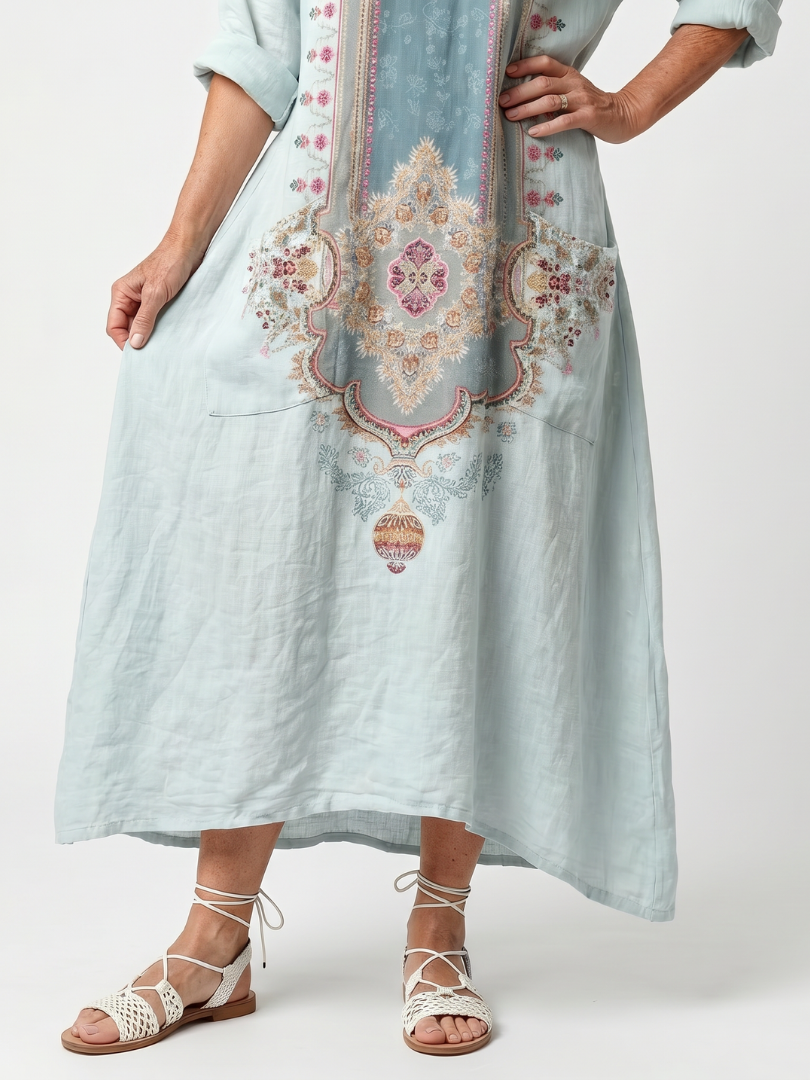 Sky blue Kassiani oversized midi dress with ornate embroidered panels and pockets
