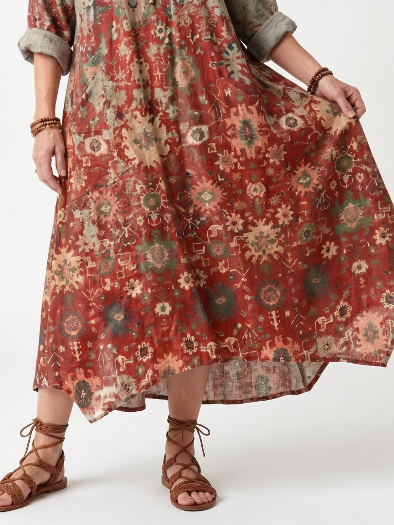Marigolde relaxed midi dress in a multicolour mixed pattern with oversized pockets