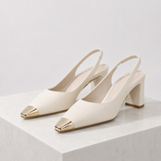 Square toe slingback heels with flared heel and elasticated back strap in white, beige and black
