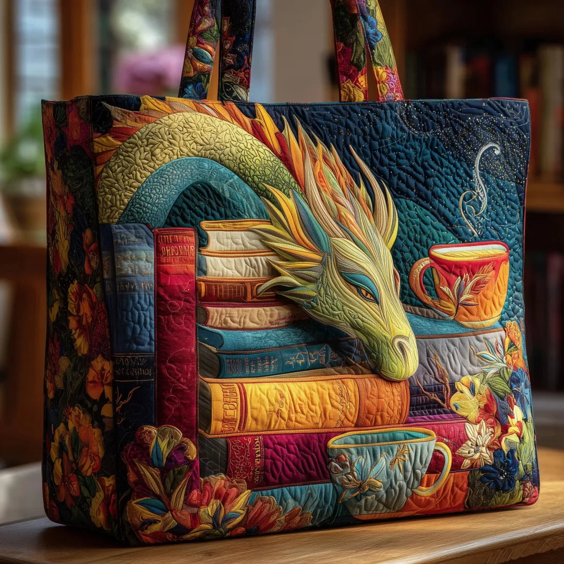 Handmade artisan bag with a book-loving dragon, stacks of books and mugs print