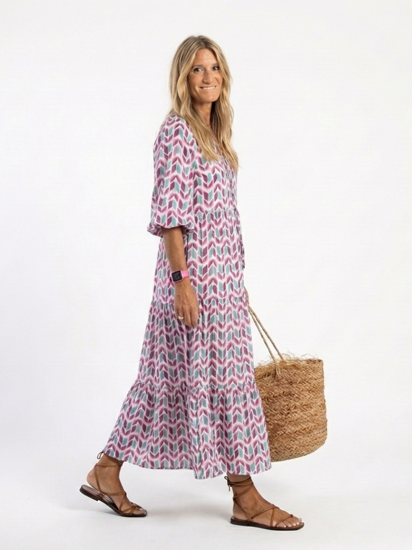 Mireya rose gold geometric print long sleeve tiered midi dress with relaxed silhouette
