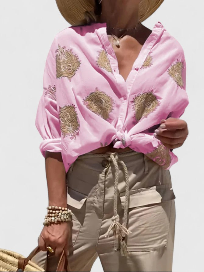Veronika elegant everyday blouse shown in blue, white, pink and green