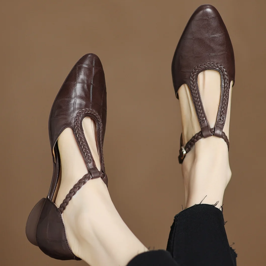 Classic Mary Jane flats shown in brown and black