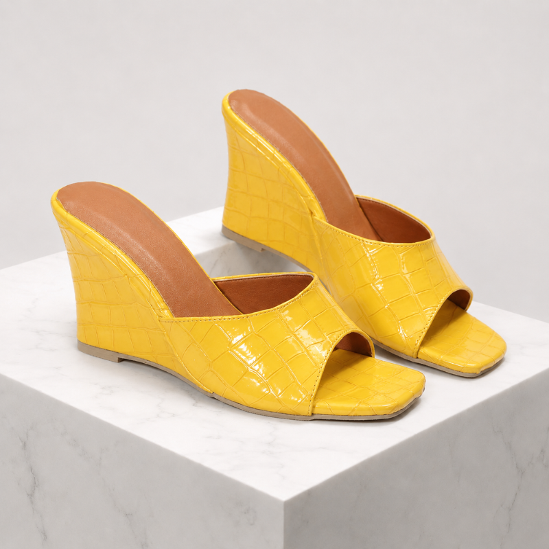 Croc-embossed open-toe wedge sandals with a slip-on style