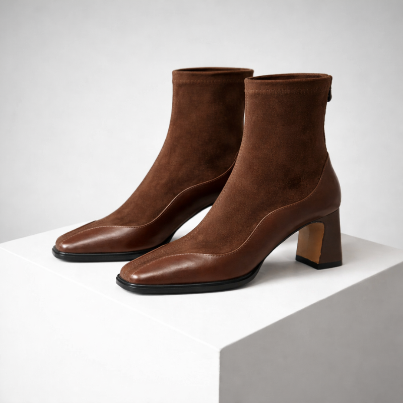 Square toe suede ankle boots with chunky block heel and back zipper in brown and black