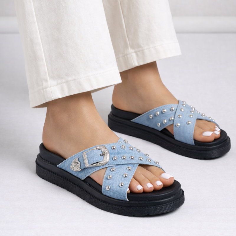 Chunky platform buckle sandals with crossed straps and metallic bead detailing