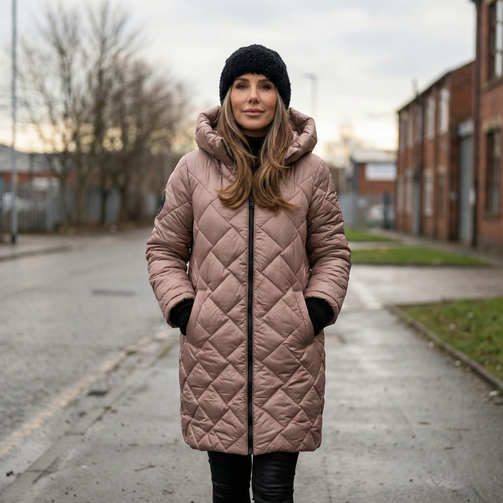 Beatrice timeless elegant longline winter coat with softly framed neckline