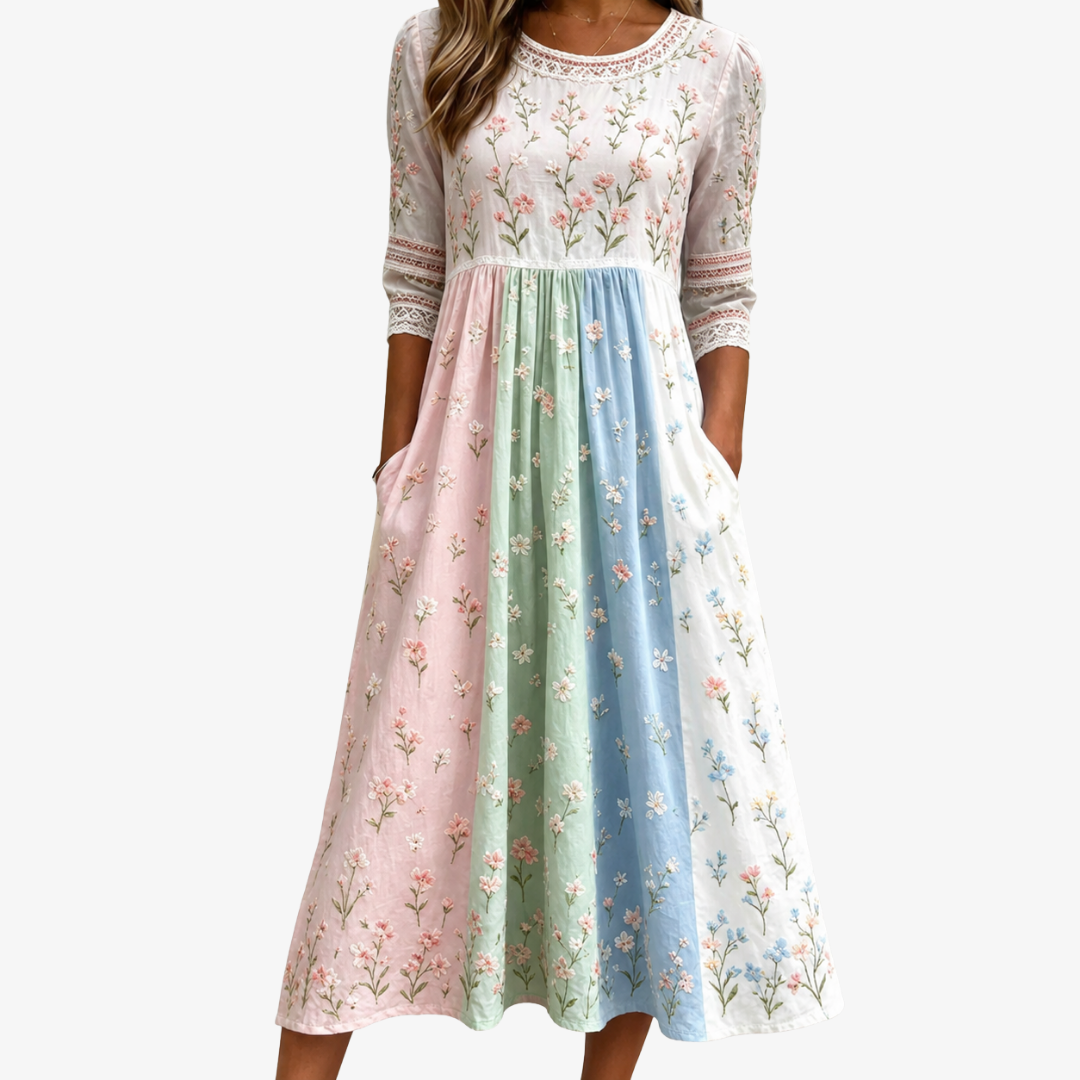 Camille pastel meadow floral summer dress with a relaxed, breezy silhouette and pockets