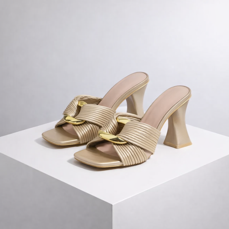 Chunky heel sandals with gold-tone buckle detail and open square toe