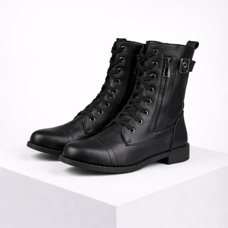 Eco-leather lace-up boots with buckle detail, side zip and a low heel